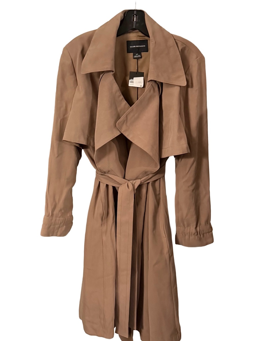 Club Monaco Women’s Trench Coat Warm Camel Draped Collar Storm Flaps Sz L NWT